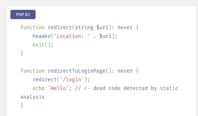 PHP8.1新特性 Never 返回类型  返回类型应用场景